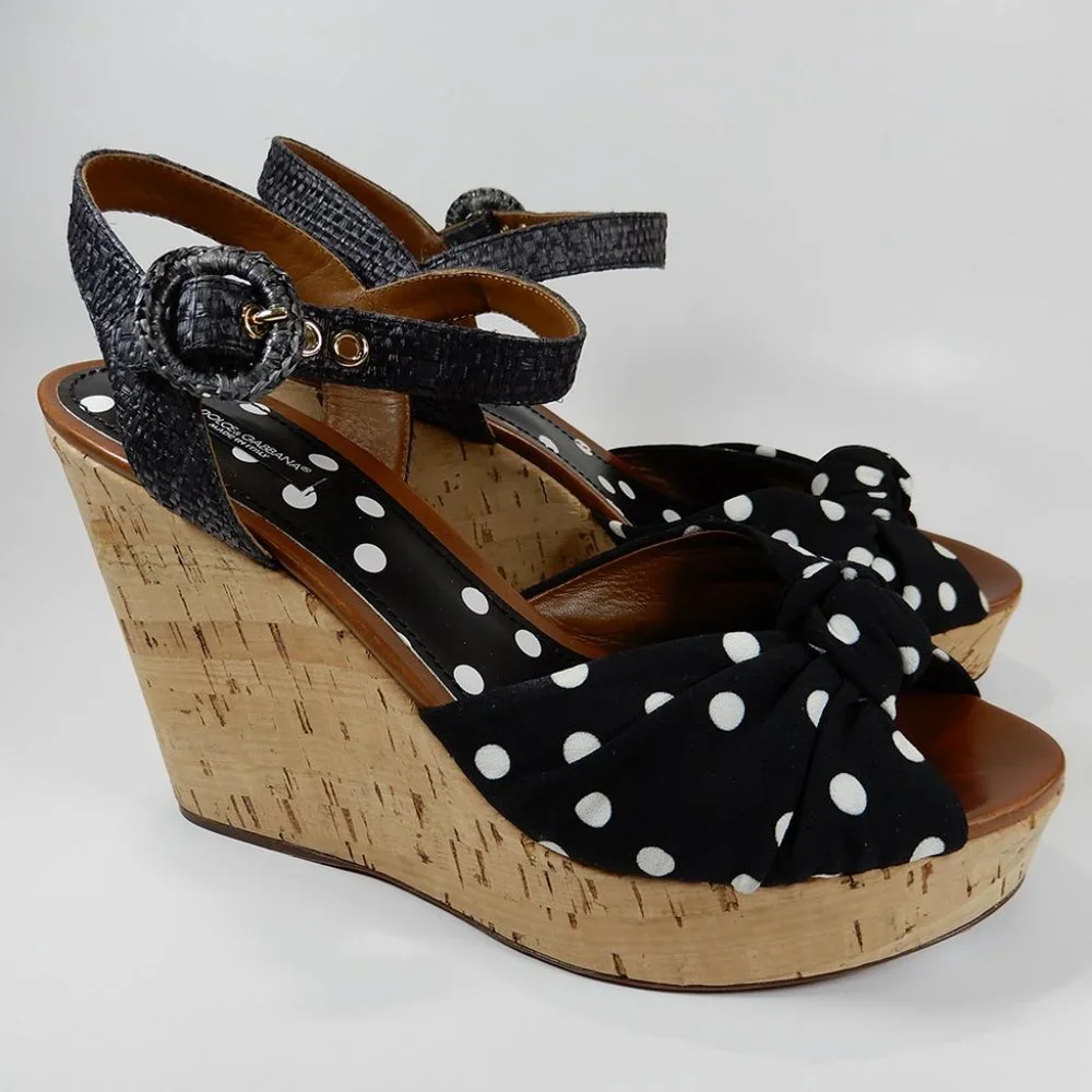 DOLCE & GABBANA Polka Dot Knot Cork Wedge Platform SANDALS Size 41 10.5 11 NEW - Picture 5 of 14